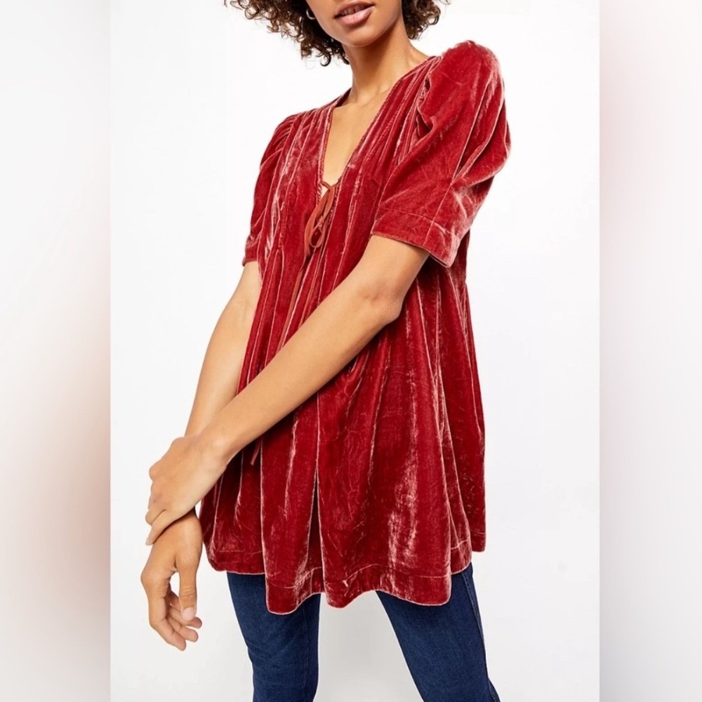 Free People Adelle Mini Dress Large Red Velvet Tunic Party Holiday Boho Romantic